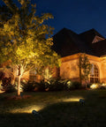 All-In-One Low Voltage Landscape Lighting Kit 8 Pack 5W Die-Cast Aluminum Outdoor Spotlights illuminating house and tree at night