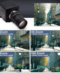 4K USB Camera with 5-50mm Zoom Lens, 10X Optical Zoom, Sony IMX317 Sensor, showing zoom capabilities from 2X to 10X.