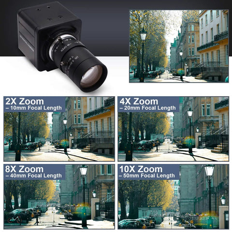 4K USB Camera with 5-50mm Zoom Lens, 10X Optical Zoom, Sony IMX317 Sensor, showing zoom capabilities from 2X to 10X.