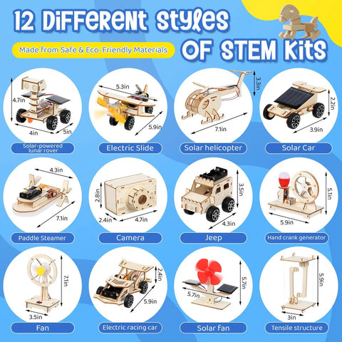 Twelve Sets STEM Kits For Kids Hands On Solar Car Projects Wood Building Mechanical Models Electrical Experiments And DIY Educational Crafts For Beginners Spark Curiosity STEM Learning Gifts, 12 wood model kits