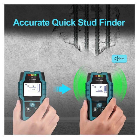 Heavy Duty Wall Scanner Detecting Wood Studs Hidden Live Cables And Conductive Metal With Rock Solid Depth Accuracy Featuring Crisp View Lcd Screen And Sharp Beeping Alert For No Fuss Diy Home Renovations in use, showing LCD screen.