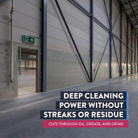 Heavy Duty Low Foam Auto Floor Cleaner, Straight Up Pro Grade Concentrate, cleaning concrete floor in large industrial space.
