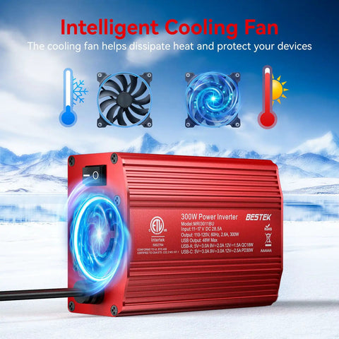 Heavy Duty 300W Car Power Inverter With Dual AC Outlets And Lightning Fast USB C PD 30W Plus Quick Charge USB A 18W Built For Tesla Model Y featuring intelligent cooling fan.