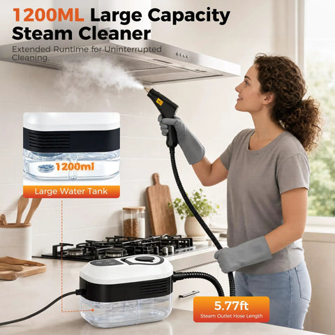 Portable Handheld Steam Cleaner With 1500W High Power For Homes And Kitchens features 1200ml large tank and 5.77ft hose.