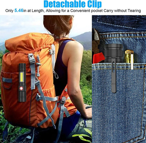 USB Rechargeable Magnetic LED Flashlight with Zoomable Beam clipped to backpack and jeans pocket