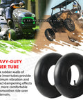 Heavy-Duty 15x6.00-6 Inner Tube With TR-13 Straight Valve Stem For ATV UTVs Lawn Mowers Golf Carts Tractors Trailers And Utility Equipment Replacement Tube displayed with ATVs and lawn mower.