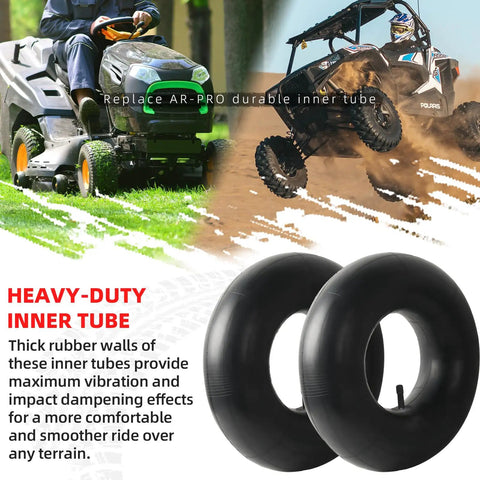 Heavy-Duty 15x6.00-6 Inner Tube With TR-13 Straight Valve Stem For ATV UTVs Lawn Mowers Golf Carts Tractors Trailers And Utility Equipment Replacement Tube displayed with ATVs and lawn mower.