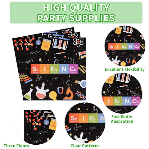 96 Piece Science Party Tableware Set With 24 9 Inch Plates 24 7 Inch Plates 24 Napkins And 24 Forks Durable 350 GSM Disposable Dinnerware For Kids Mad Scientist Theme Great For Birthdays Classroom Parties Serves 24 Guests, featuring science-themed napkins with colorful designs and high quality party supplies text.