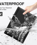 Hand holding Black Bubble Mailers 4x8 Inch 50 Pack Padded Self Seal Envelopes Waterproof in water splash demonstration
