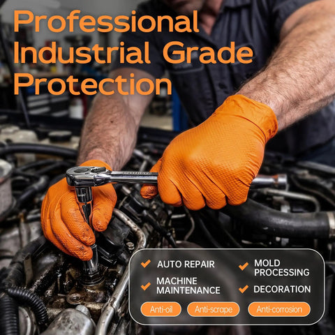 Person using Super Heavy Duty Nitrile Work Gloves 8 Mil Thick Industrial Mechanics Disposable for auto repair tasks.