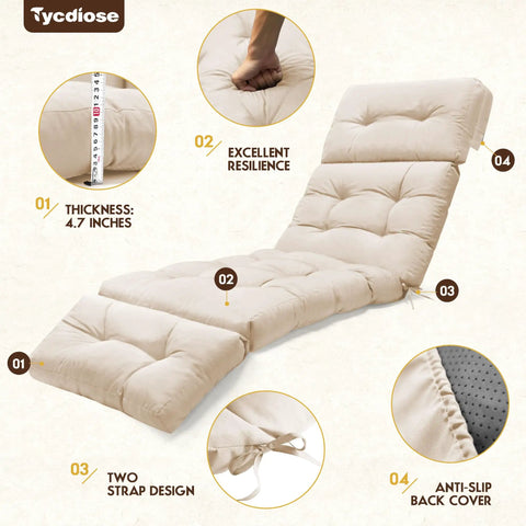 Outdoor Chaise Lounge Chair Cushion Waterproof Memory Foam Replacement With Secure Ties Thickened 4.7 Inch Cushion for patio