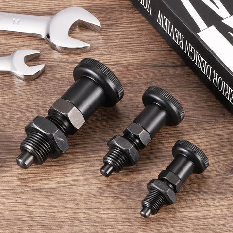 Push Fit Ball Nose Spring Plunger with Spring Return Knob M16x1.5 Threaded Index Plunger Carbon Steel Construction Retractable Fine Thread 8x8mm Pin Diameter Built Tough for Industrial Equipment, shown with threaded black plunger body