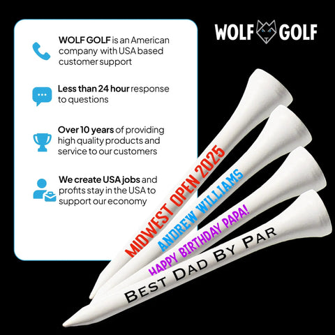 Personalized Golf Tees Bulk Gift Set With Custom Font And Color Options 50 100 Or 200 Tees Choose From Four Fonts And Multiple Color Choices For Golf Outings Gifts And Tournaments, featuring custom messages and company information.