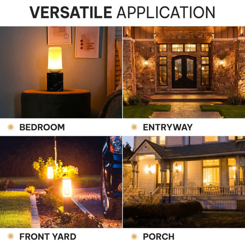 Orange LED Lit Flame Bulbs With Four Modes Indoor Outdoor Use 3W E26 E27 2 Pack shown in bedroom, entryway, front yard, porch