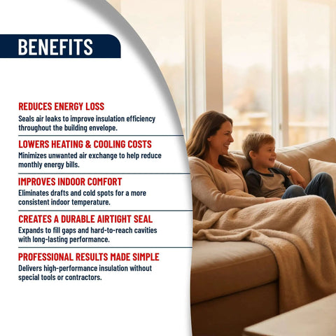 Top Shelf Wide Spray Foam Insulation Kit benefits infographic highlighting energy savings, comfort, and sealing efficiency.