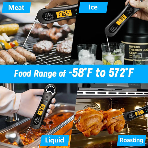 Instant Read Digital Meat Thermometer For Grill And Kitchen, Ultra Fast Three Second Temperature Read, Backlit LCD, Bottle Opener in use on meat, ice, liquid, and roasting turkey