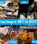 Digital Meat Thermometer With 3 Second Instant Read Temperature Range From 58 Below To 572 Fahrenheit Backlit LCD Calibration Button Includes Bottle Opener A Handy Kitchen Gadget For Grilling BBQ Turkey Candy And Liquids showing temperature gauge on meat, ice, liquid, and roasting.