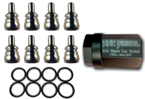HHC Diesel Ford 6.0L Nipple Cup Master Kit with 8 metal nipple cups, 8 Viton seals, and 1 socket