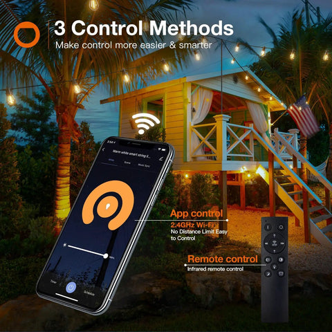 48 Feet LED Outdoor String Lights With App And Remote Control Dimmable Waterproof Patio Lighting hanging in a backyard with app control