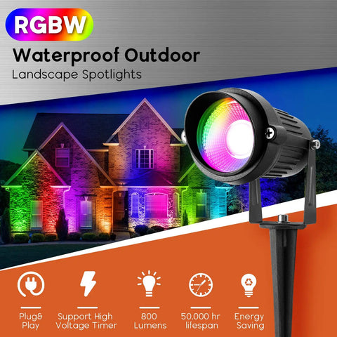 Outdoor RGBW Spotlight Kit 120V 12W Color Changing Landscape Lights With Remote Control Waterproof 6 Pack For Yard Path Garden Decor 16 Colors Plus Warm White Remote Dimming Memory Function