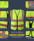 Solid Hi Vis Safety Vest For Men And Women With Reliable Zipper Front And Roomy Cargo Pockets Bright Yellow Mesh Cloth Meets Ansi Class 2 Certification detailed view showing pockets and breathable fabric.