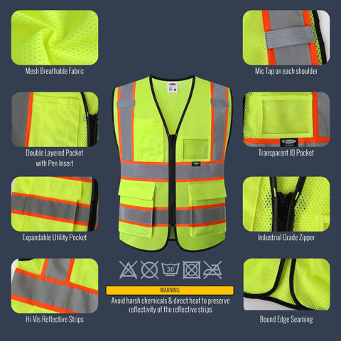 Solid Hi Vis Safety Vest For Men And Women With Reliable Zipper Front And Roomy Cargo Pockets Bright Yellow Mesh Cloth Meets Ansi Class 2 Certification detailed view showing pockets and breathable fabric.