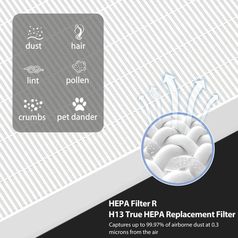 Diagram showing HEPA Filter R trapping dust, hair, pollen, crumbs, pet dander; Air Purifier Filter Replacement Kit for Honeywell HPA Series