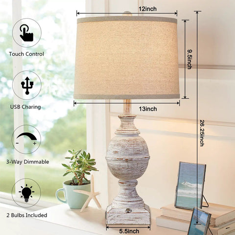 Cozy Farmhouse Table Lamps Set of 2 With USB Charging Ports, 3 Way Dimmable Rustic Wood Finish Nightstand Lights By a Window