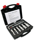 Front view of Cortool 9-piece annular cutter set with 3/4" Weldon shank in black case; includes pilot pin