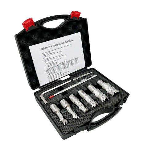 Front view of Cortool 9-piece annular cutter set with 3/4" Weldon shank in black case; includes pilot pin