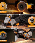 20V Brushless Cordless Flat Head Grinder Kit demonstrating cutting, grinding, and polishing on metal surfaces with sparks.