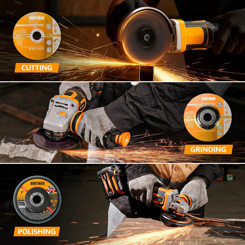 20V Brushless Cordless Flat Head Grinder Kit demonstrating cutting, grinding, and polishing on metal surfaces with sparks.