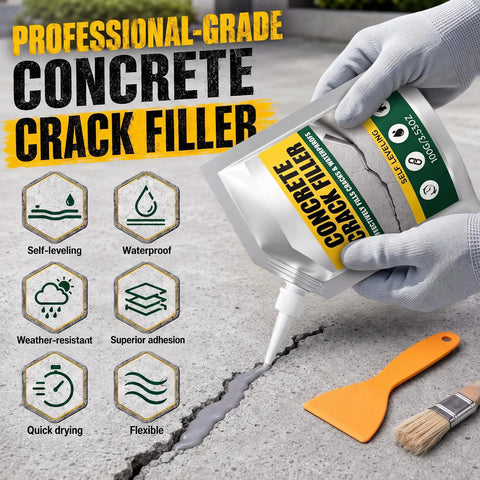 No Mess Waterproof Concrete Crack Filler And Sealant With Self Leveling Formula for Driveways Sidewalks and Patios in use on a concrete surface.