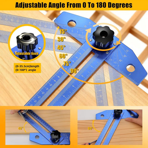 Badass Quick Slide Aluminum T Square Measuring Tool With Built In Protractor Dial For Swift Woodworking Framing And Tight Carpentry Layout Work Essentials with adjustable angles marked.