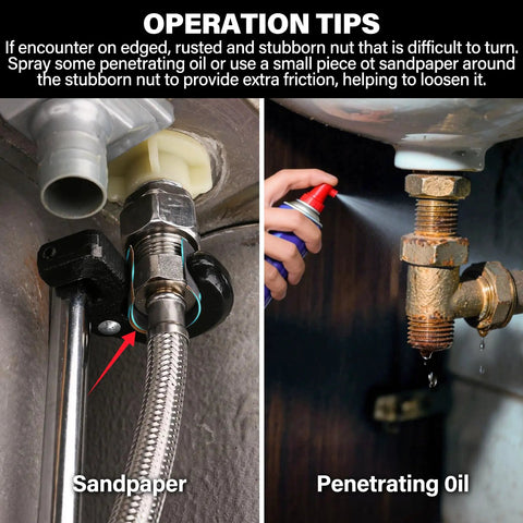 Operation tips for using adjustable basin wrench for tight spaces with self adjusting gripping jaws under sink with sandpaper and oil