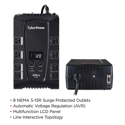 CP825AVRLCD Intelligent LCD UPS Battery Backup and Surge Protector 825VA 450W Eight Outlets with AVR Compact Design for Desktops PCs Gaming Rigs Home Theater and Networking Gear UL Certified