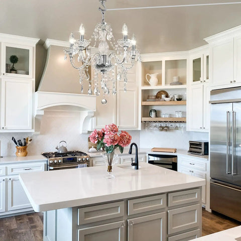 Five Light Crystal Pendant Chandelier With Acrylic Beads, Plug In Pendant Lights, Clear Cord, Over Kitchen Island