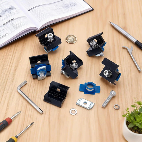 Hella Rugged Solar Panel End Clamps 20 Piece Set For Standard Unistrut Aluminum Rails With Included Nuts And Bolts on wooden table.
