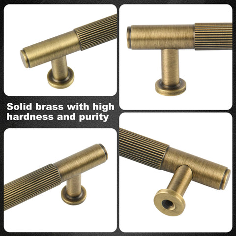 Close-up of Antique Brass Cabinet Pulls 5 Pack Solid Brass Dresser Drawer Handles with durable brushed finish, showing solid construction.