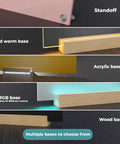 Image showing design choices for Personalized Acrylic Desk Name Plate For Office Decor With Font Options And Material Choices Ten By Three Point Five Inches Boss Vibes For Your Desk Setup A Clean Professional Yet Cute Office Look, highlighting led warm base, acrylic base, RGB base, and wood base.