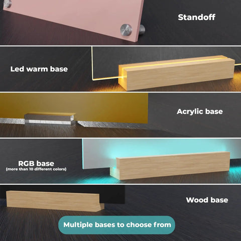 Image showing design choices for Personalized Acrylic Desk Name Plate For Office Decor With Font Options And Material Choices Ten By Three Point Five Inches Boss Vibes For Your Desk Setup A Clean Professional Yet Cute Office Look, highlighting led warm base, acrylic base, RGB base, and wood base.