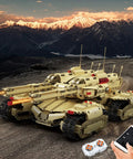 Ultra Realistic Remote Control Military Mammoth Tank Kit With 3296 Pieces, desert terrain, remote control in hand, dark skies.