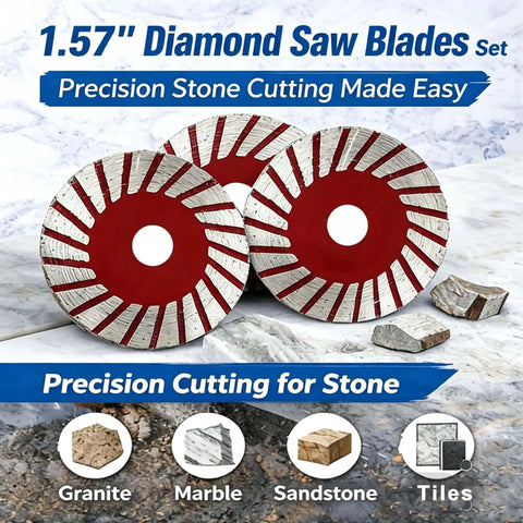 1.57 Inch Diamond Saw Blades Set For Mini Rotary Tool, 40mm cutting discs for stone, shown with granite, marble, sandstone, and tile