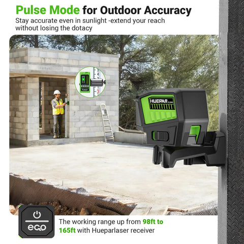 Three Point Self Leveling Laser Level With Plus Mode And 360 Degree Magnetic Base For Quick Plumb Dots Alignment, DIY Friendly And Pro Grade, 98-165 Ft Range, Includes 2 AA Batteries And Hard Carrying Case PL300G shown installed on a wall for outdoor construction use.
