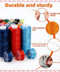 Go-To 90 Piece Sewing Thread Kit With Prewound Bobbins For Hobby Sewists 36 Color Polyester Spools Each 400 Yards Great For Sewing Machines Or Hand Stitching Quilting Embroidery Repairs DIY Projects, showing colorful spools and bobbins with durability features.