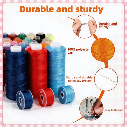 Go-To 90 Piece Sewing Thread Kit With Prewound Bobbins For Hobby Sewists 36 Color Polyester Spools Each 400 Yards Great For Sewing Machines Or Hand Stitching Quilting Embroidery Repairs DIY Projects, showing colorful spools and bobbins with durability features.