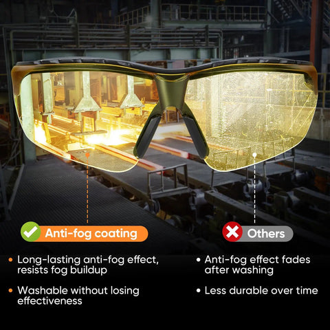 Anti Fog Safety Glasses For Men And Women With Adjustable Arms ANSI Z87.1 Rated Scratch Resistant Eye Protection Goggles With UV Shield Wraparound; yellow tint visible on lenses