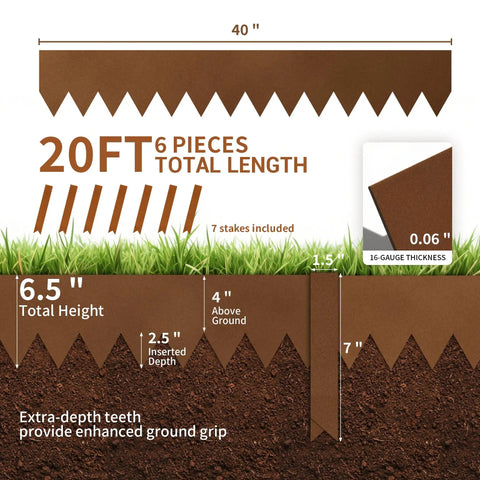 Diagram of Heavy Duty Galvanized Steel Landscape Edging Kit 20 Ft, 6.5 Inch Tall showing inserted depth and ground grip teeth.