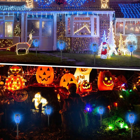Blue Solar Torch Lights Set, 8 Pack Outdoor LED Tiki Torches With Realistic Flickering Flame illuminating festive yard decorations