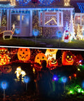Halloween display with Blue Solar Torch Lights With Flickering Flames, 12 Pack Outdoor LED Tiki Torches For Yard And Garden
